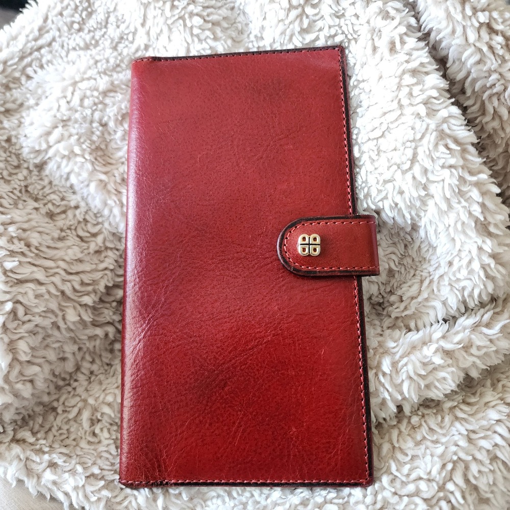 Bosca Checkbook Wallet Womens OS Red Hand Stained Leather Slim Snap USA Made